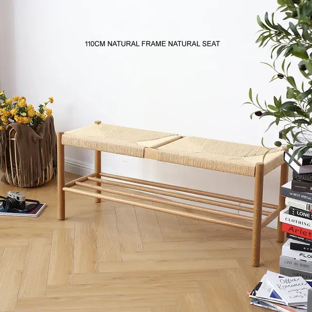 Modern Design Natural Walnut Color Solid Oak Wood Long Seat Paper Rattan Hand Weaved Shoes Changing Low Ottoman Stool Bench 1PC