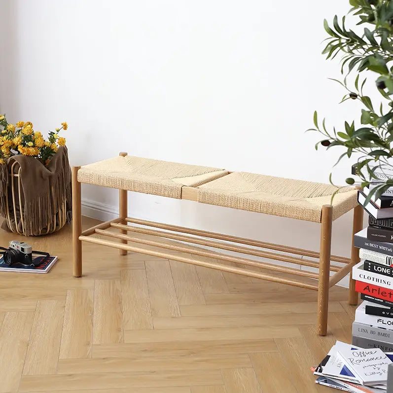 Handwoven Rattan Oak Bench