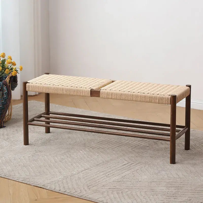 Handwoven Rattan Oak Bench