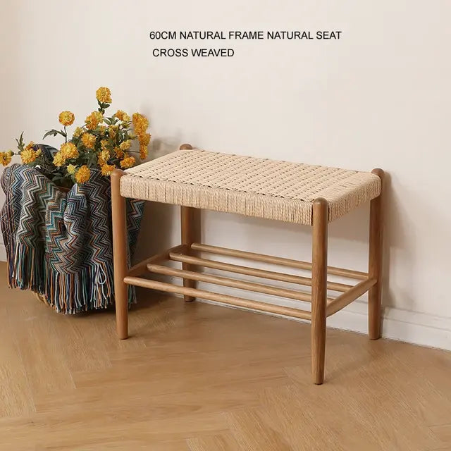 Handwoven Rattan Oak Bench