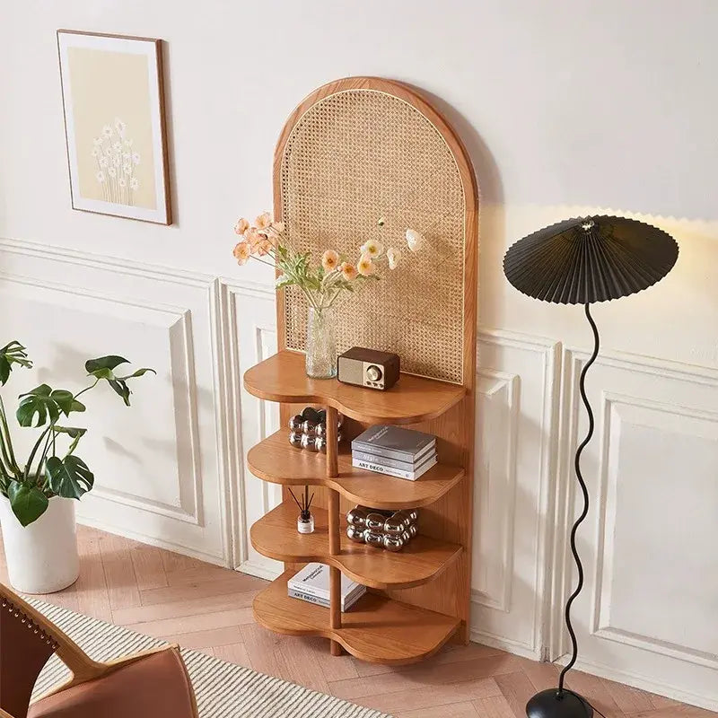 Solid Wood and Rattan Corner Shelf