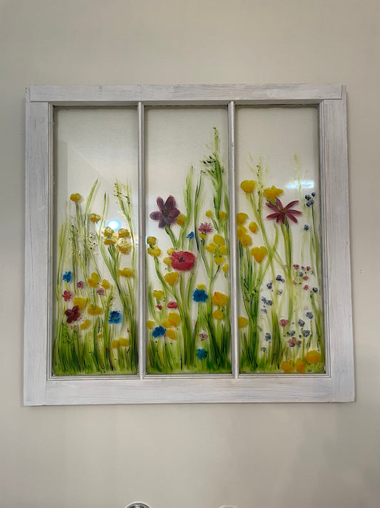 Whimsical Meadow Mirage: Wildflowers on Vintage Panes