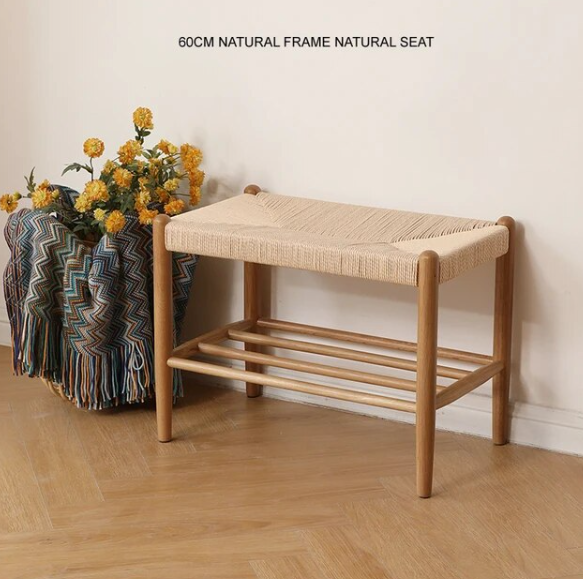 Modern Design Natural Walnut Color Solid Oak Wood Long Seat Paper Rattan Hand Weaved Shoes Changing Low Ottoman Stool Bench 1PC