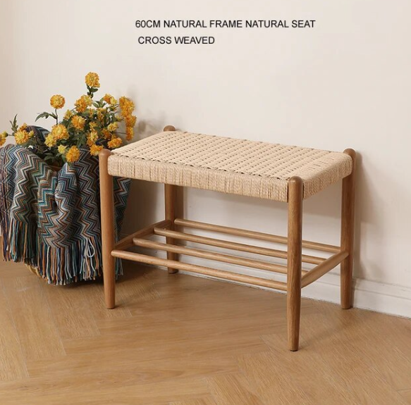 Modern Design Natural Walnut Color Solid Oak Wood Long Seat Paper Rattan Hand Weaved Shoes Changing Low Ottoman Stool Bench 1PC