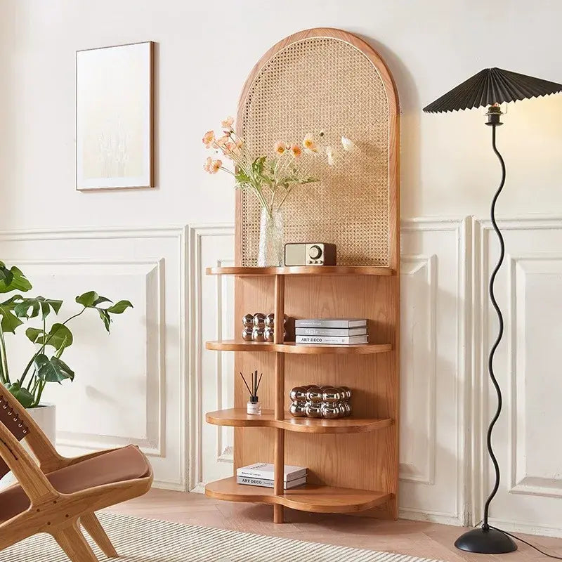 Solid Wood and Rattan Corner Shelf