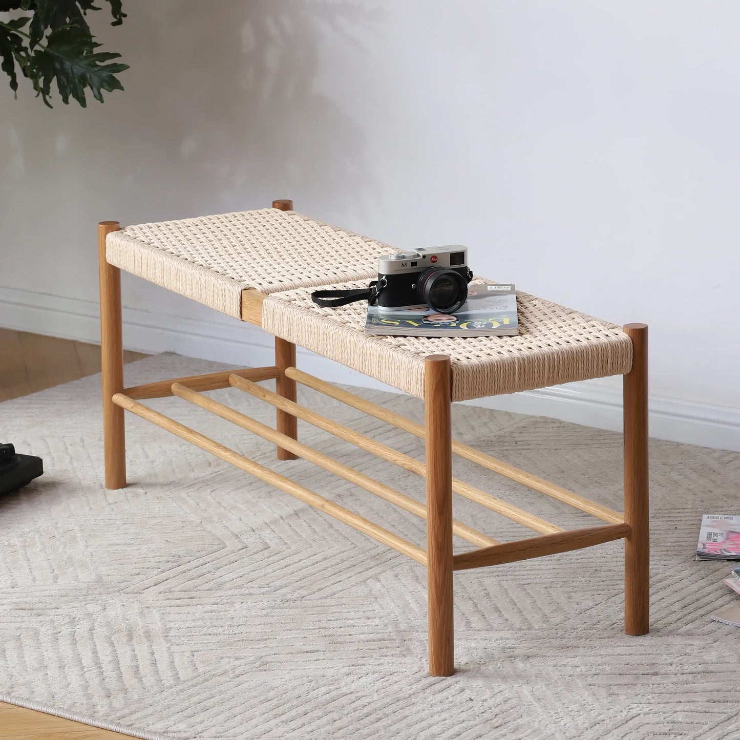 Handwoven Rattan Oak Bench