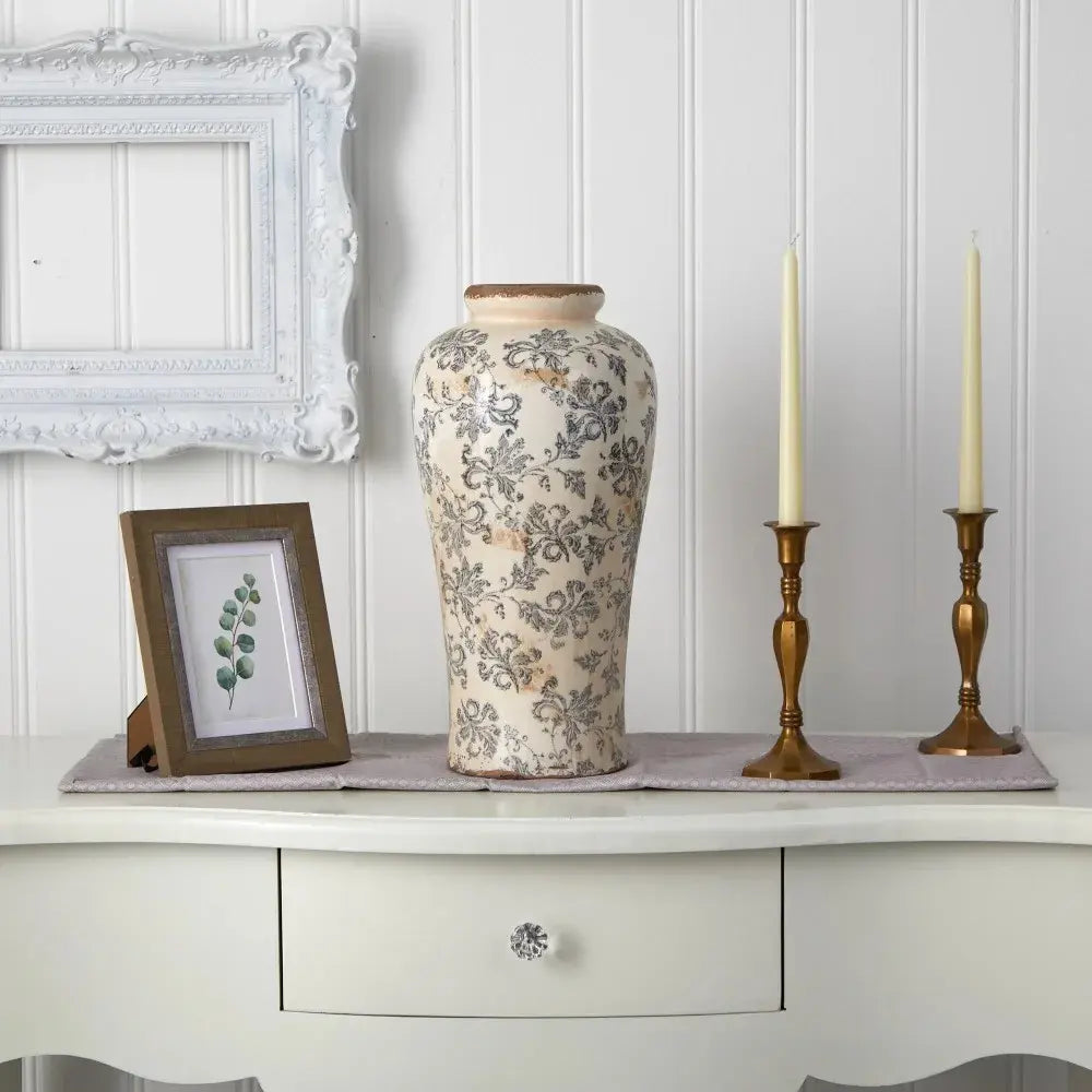 Tuscan Ceramic Floral Scroll Urn Vase