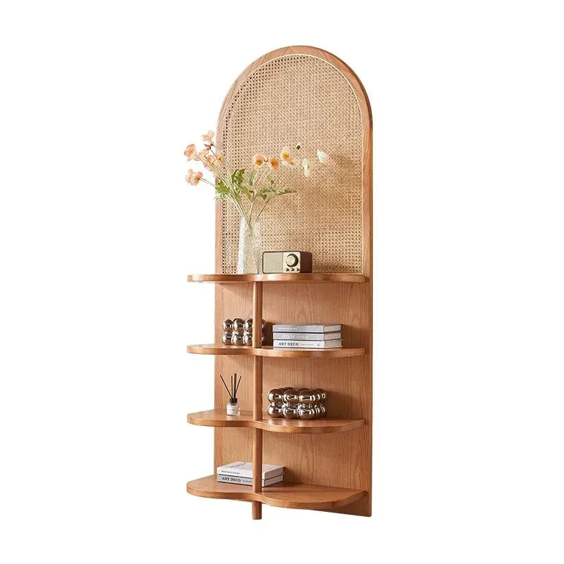 Solid Wood and Rattan Corner Shelf